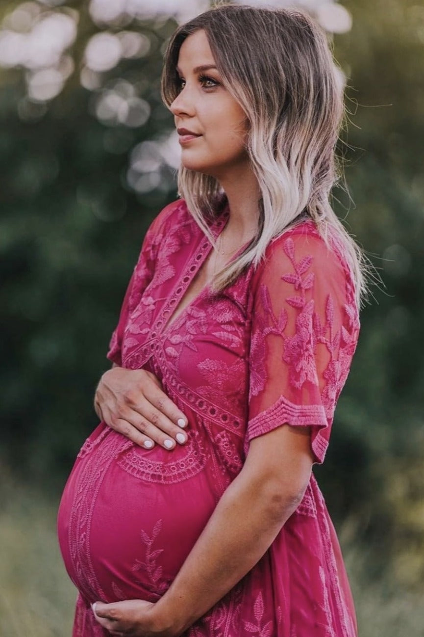 PinkBlush Magenta Lace Overlay Maternity Maxi Dress PinkBlush Magenta Lace Overlay Maternity Maxi Dress