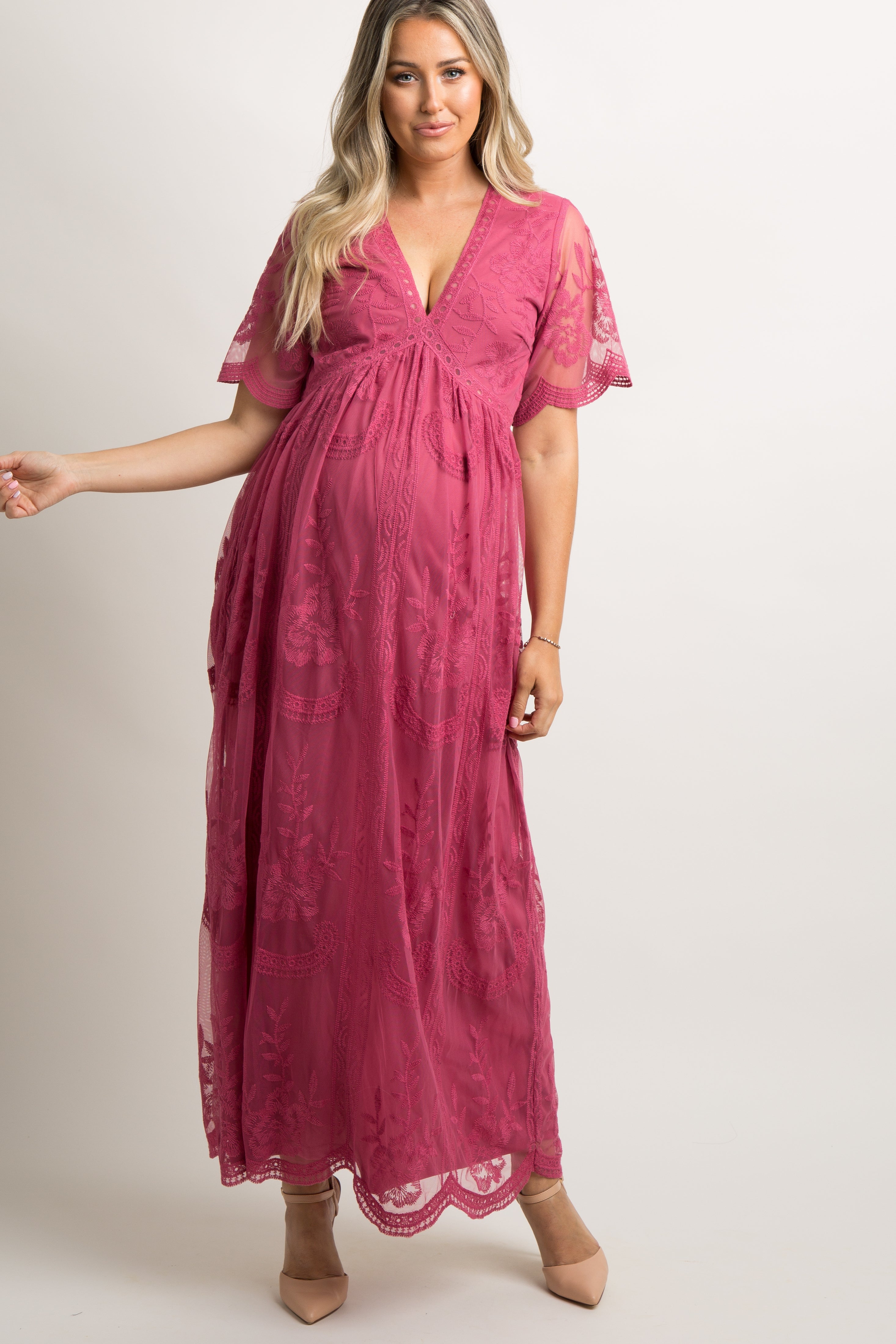 PinkBlush Magenta Lace Overlay Maternity Maxi Dress PinkBlush Magenta Lace Overlay Maternity Maxi Dress
