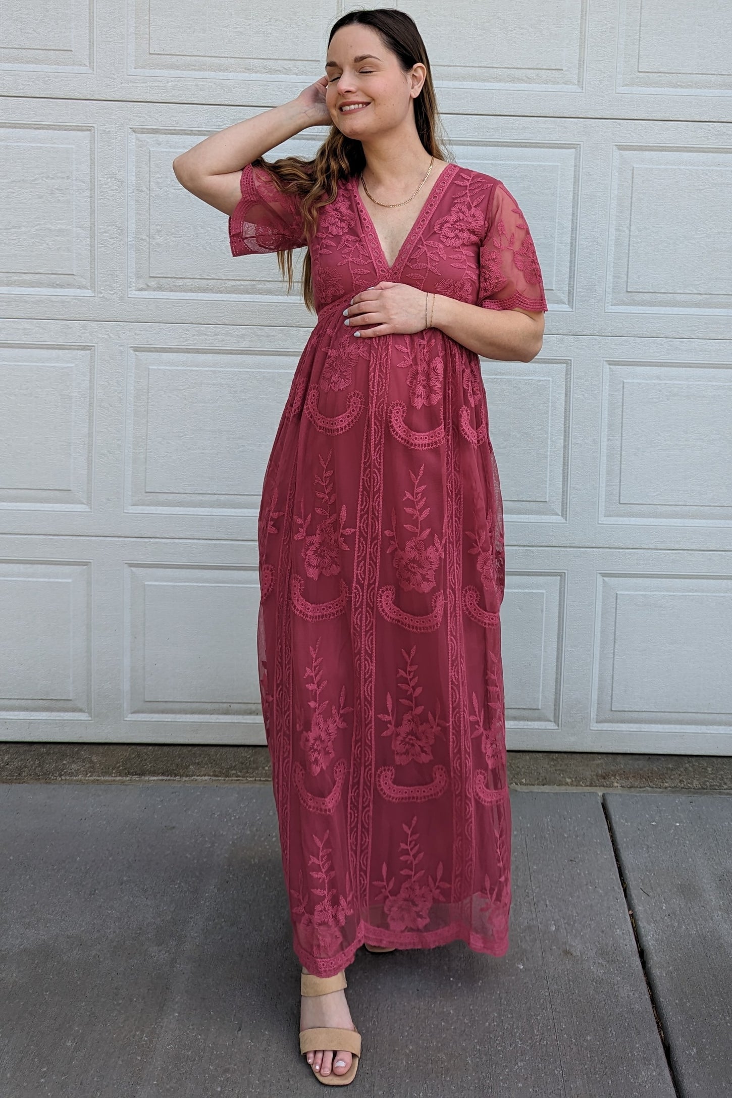PinkBlush Magenta Lace Mesh Overlay Maternity Maxi Dress PinkBlush Magenta Lace Mesh Overlay Maternity Maxi Dress