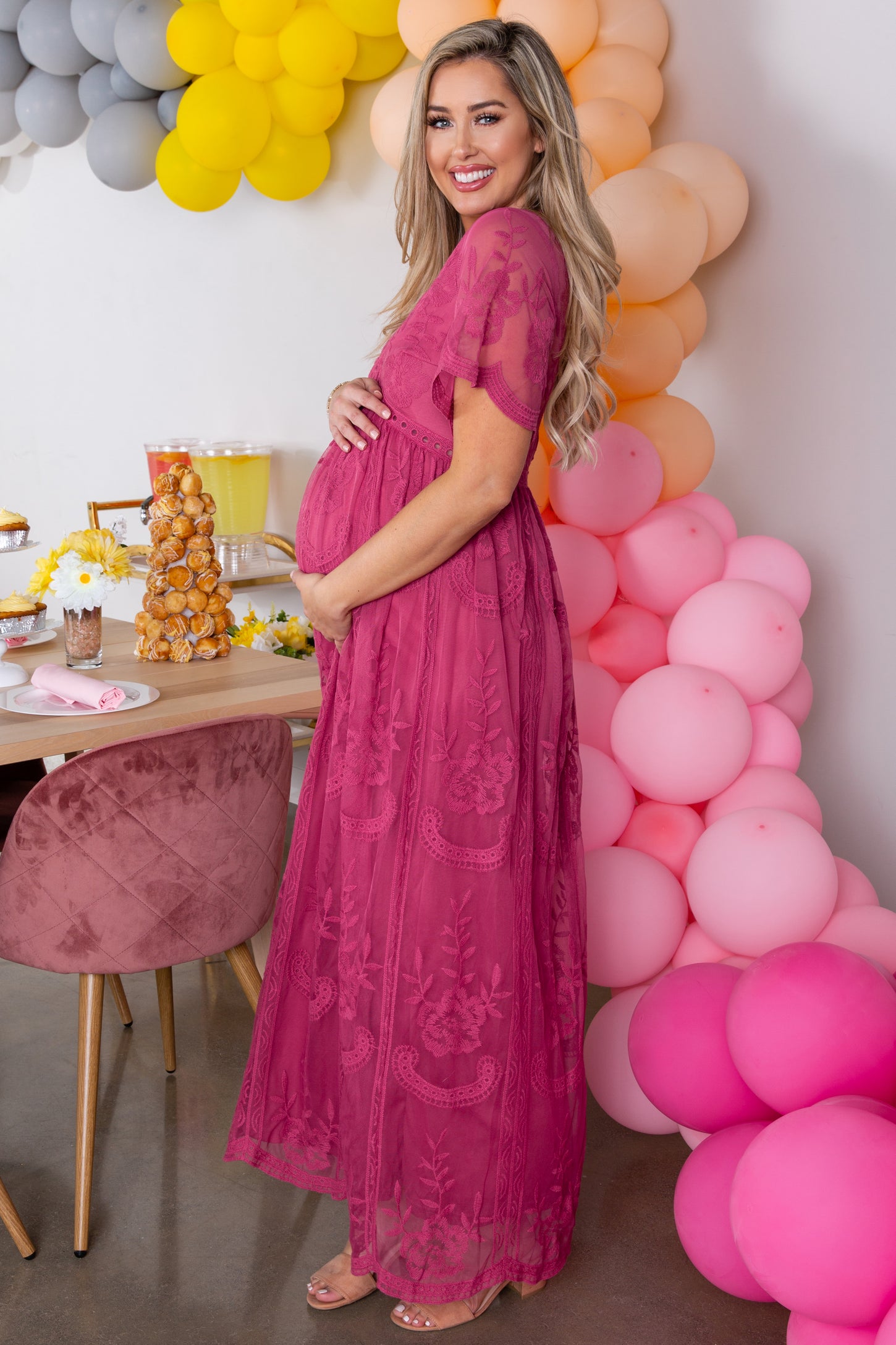 PinkBlush Magenta Lace Mesh Overlay Maternity Maxi Dress PinkBlush Magenta Lace Mesh Overlay Maternity Maxi Dress