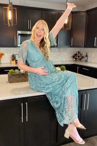 Sage Lace Mesh Overlay Maternity Maxi Dress – PinkBlush