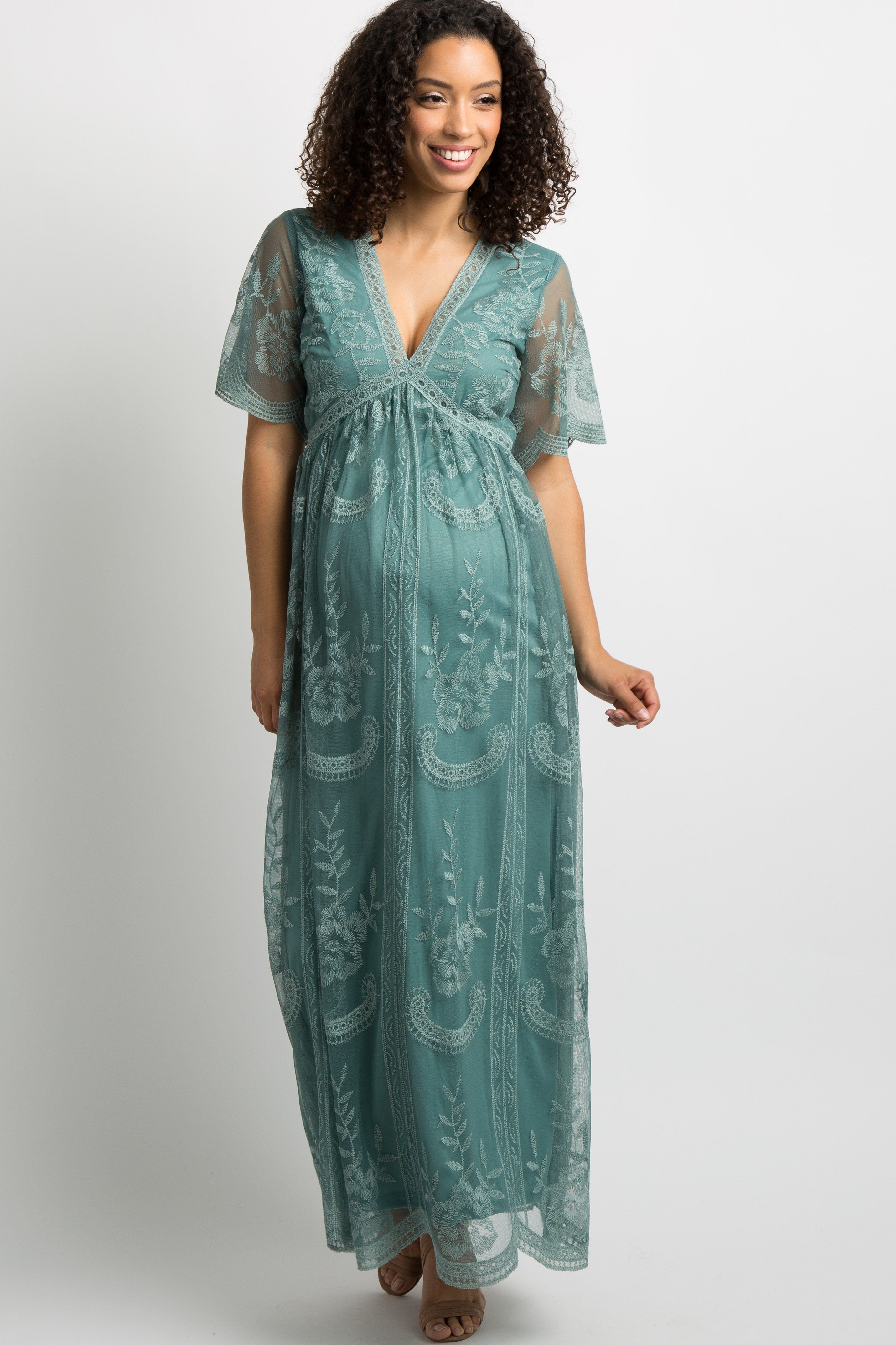 Sage Lace Mesh Overlay Maternity Maxi Dress – PinkBlush