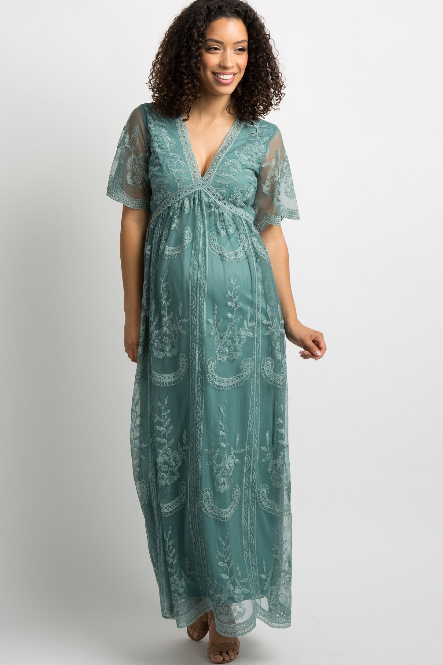 Sage Lace Mesh Overlay Maternity Maxi Dress PinkBlush Sage Lace Mesh Overlay Maternity Maxi Dress PinkBlush