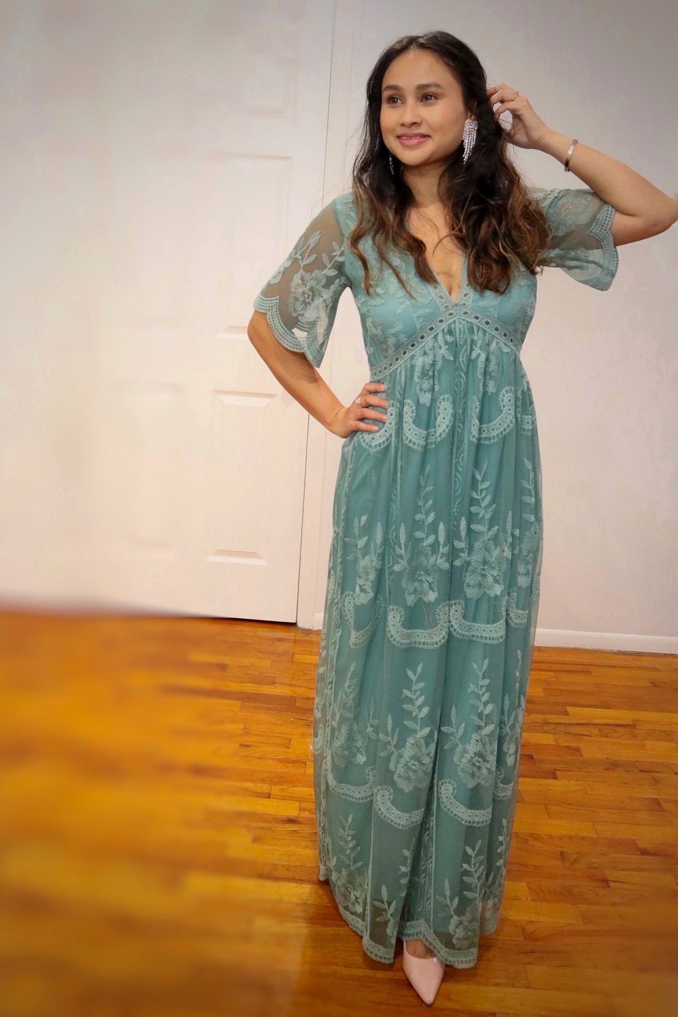 Sage Lace Mesh Overlay Maxi Dress PinkBlush Sage Lace Mesh Overlay Maxi Dress PinkBlush