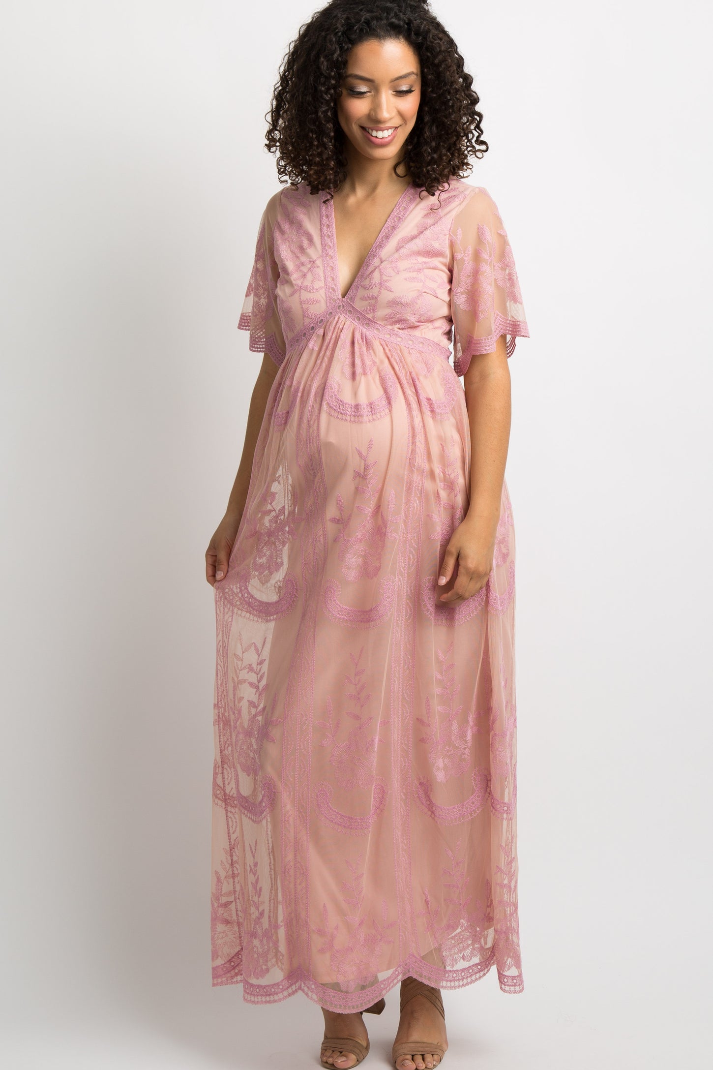 PinkBlush Pink Lace Mesh Overlay Maternity Maxi Dress Pink Medium