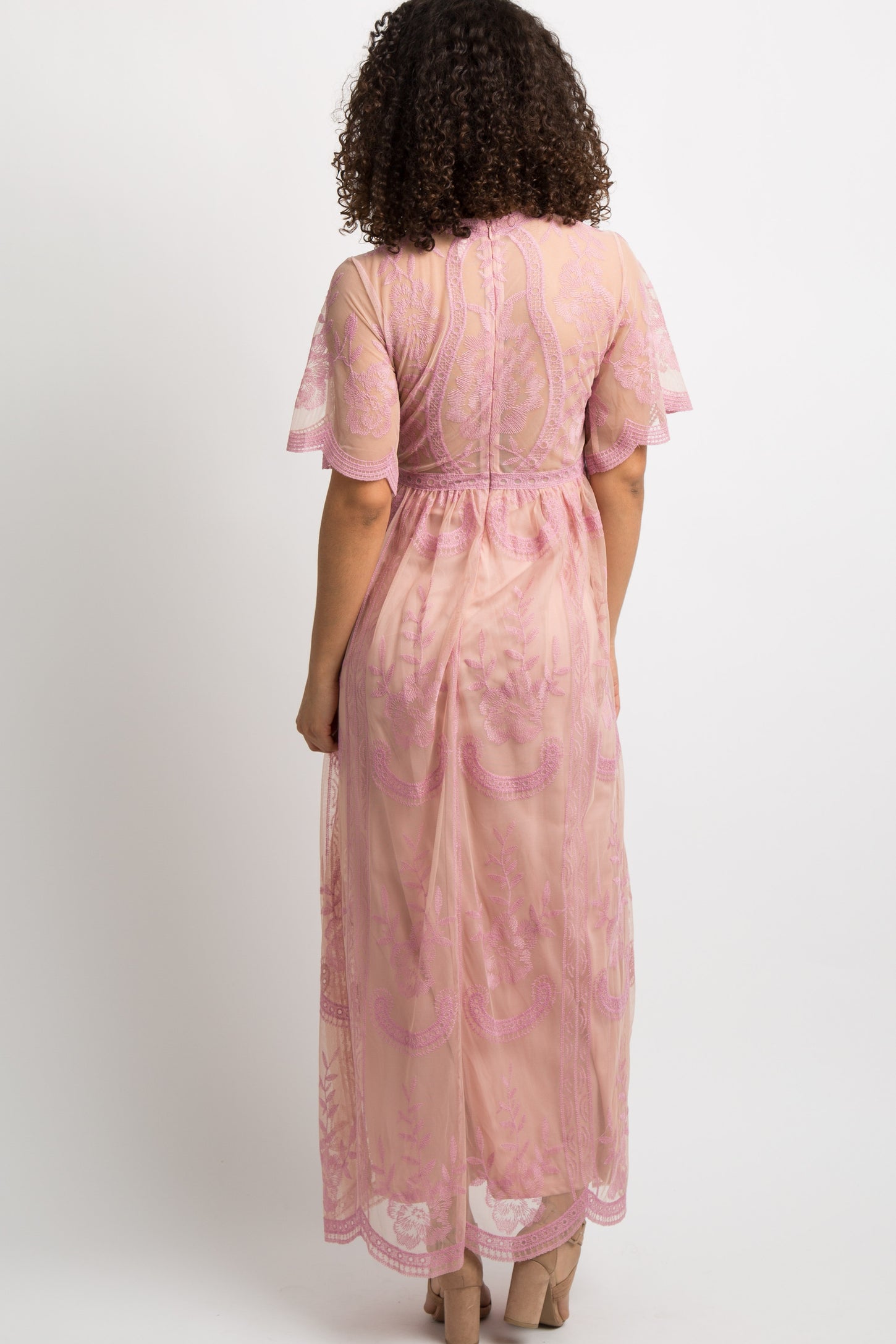 Pink Lace Mesh Overlay Maternity Maxi Dress PinkBlush Pink Lace Mesh Overlay Maternity Maxi Dress PinkBlush
