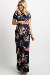 Navy Blue Rose Print Short Sleeve Maternity Maxi Dress