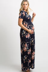 Navy Blue Rose Print Short Sleeve Maternity Maxi Dress