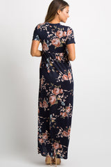 Navy Blue Rose Print Short Sleeve Maxi Dress