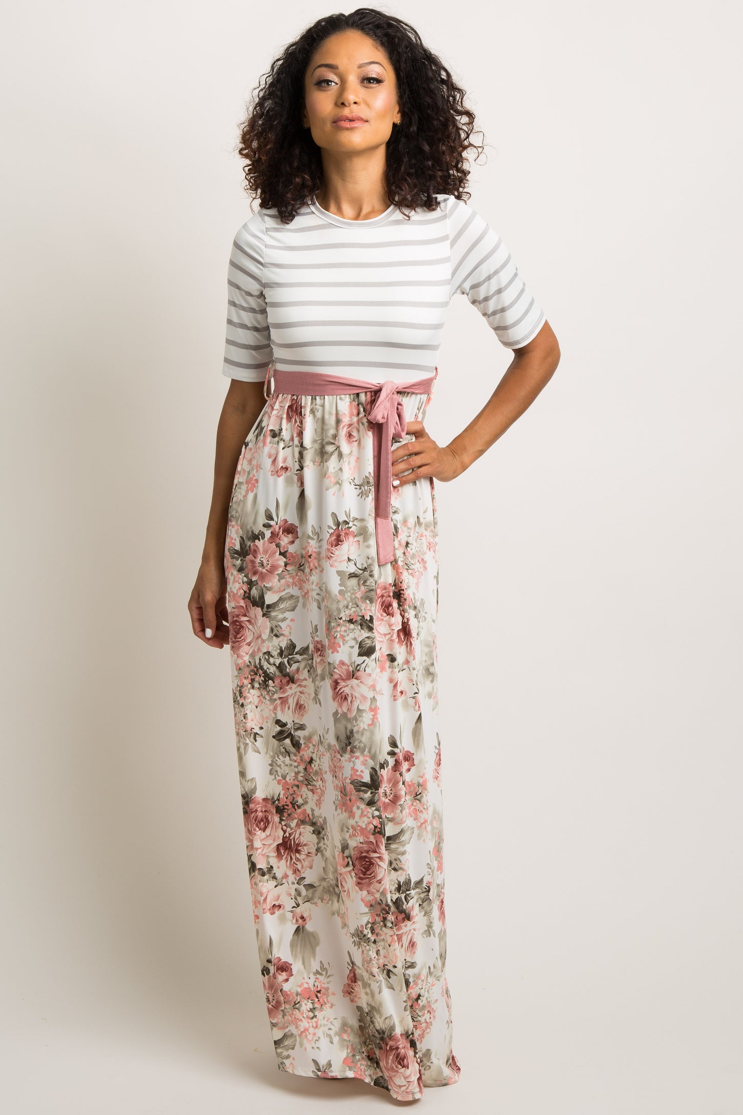 Ivory Striped Colorblock Floral Maternity Maxi Dress