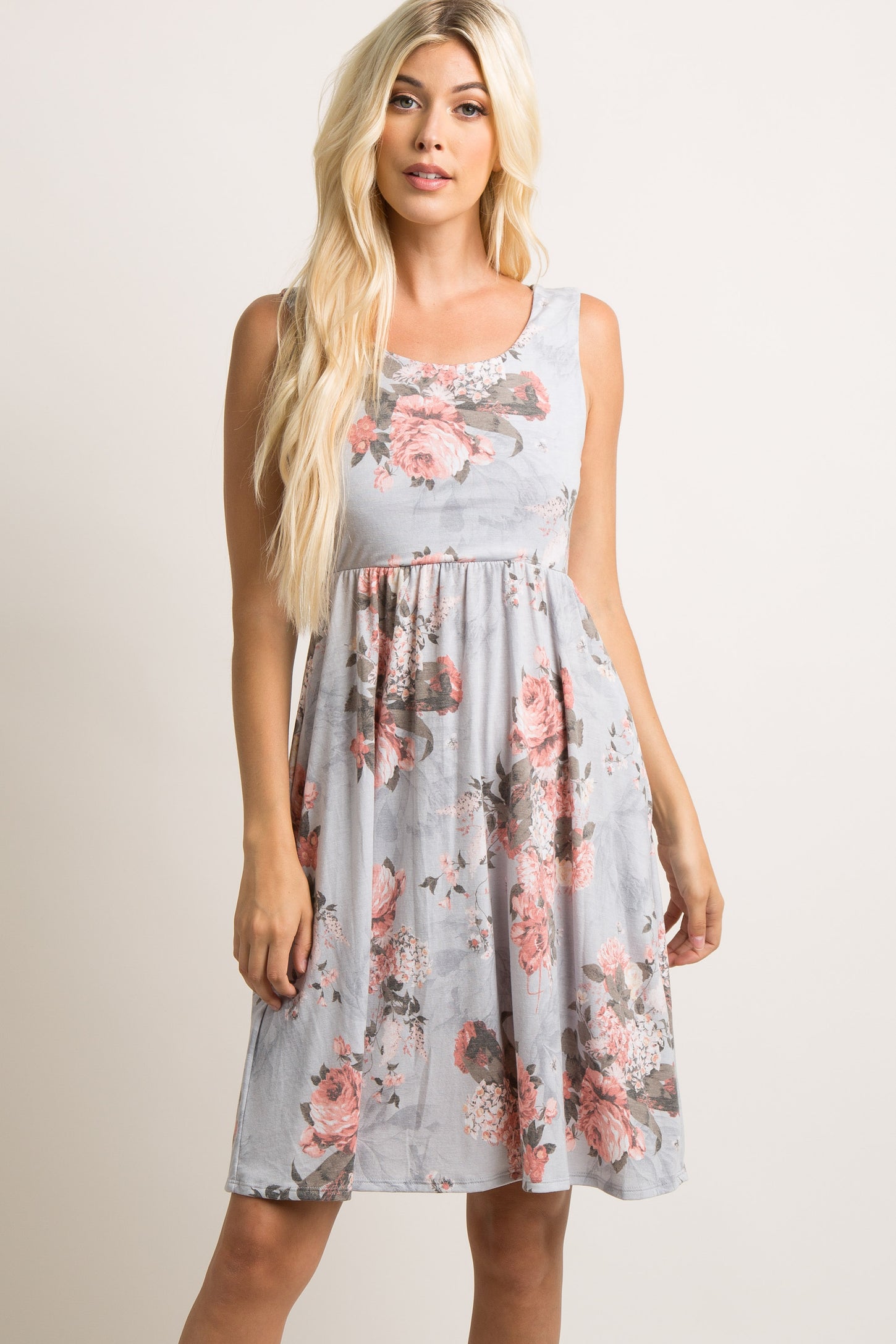 Light Grey Floral Sleeveless Maternity Dress PinkBlush Light Grey Floral Sleeveless Maternity Dress PinkBlush