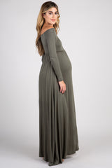 PinkBlush Olive Solid Off Shoulder Maternity Maxi Dress