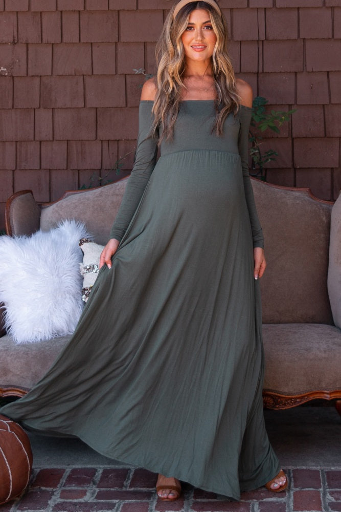 PinkBlush Petite Olive Off Shoulder Maternity Maxi Dress PinkBlush Petite Olive Off Shoulder Maternity Maxi Dress