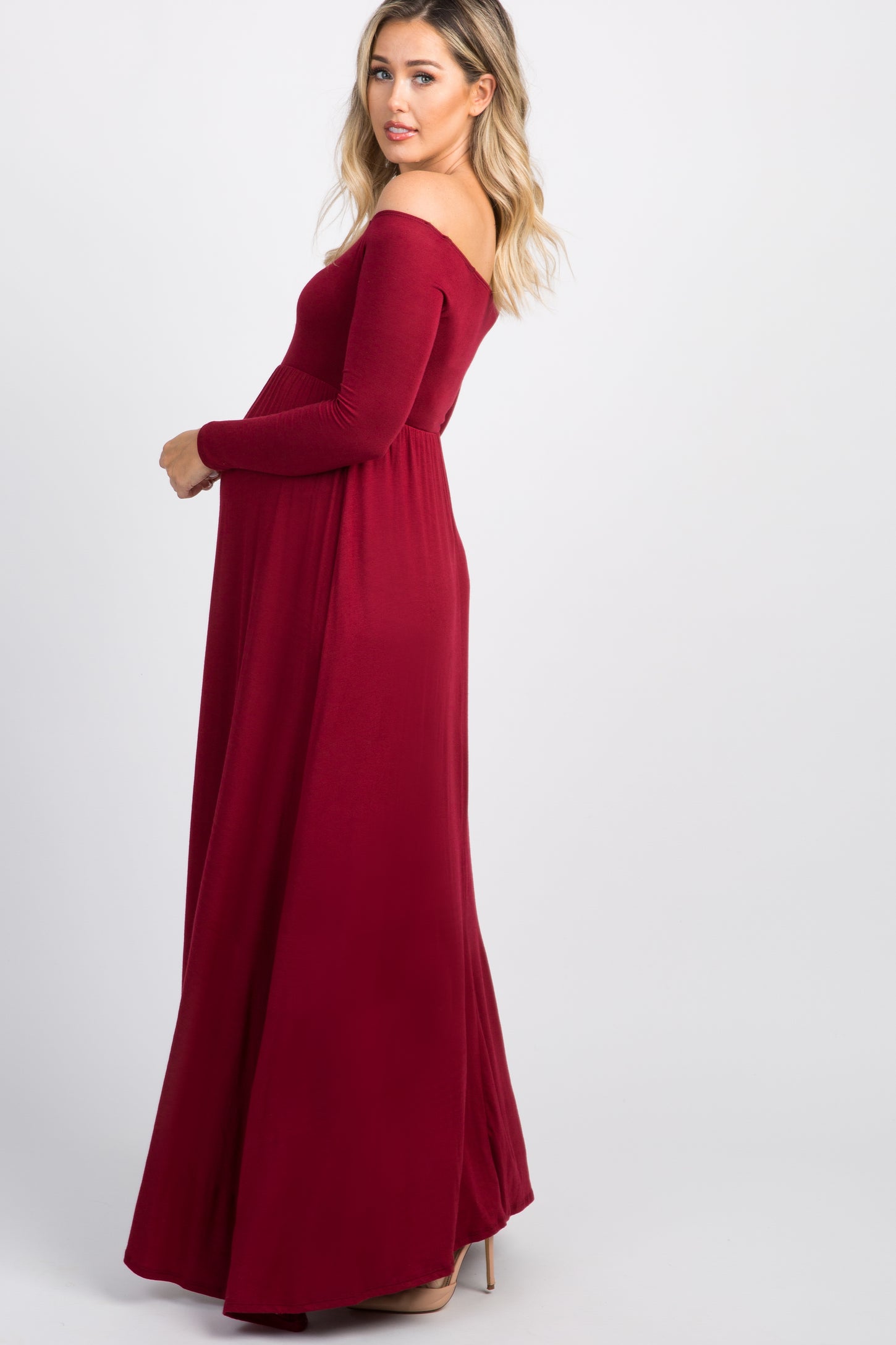 PinkBlush Burgundy Solid Off Shoulder Maternity Maxi Dress PinkBlush Burgundy Solid Off Shoulder Maternity Maxi Dress
