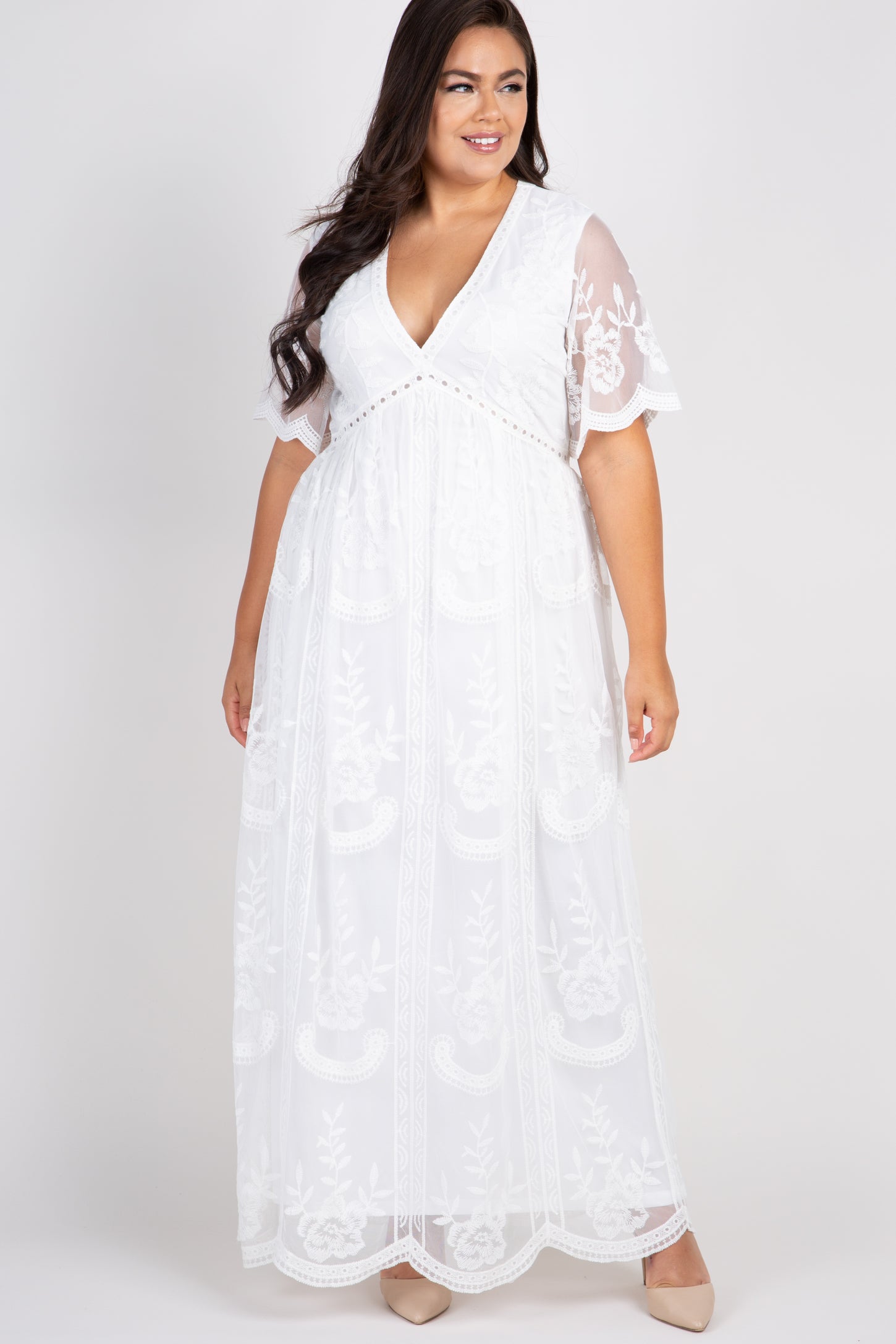 white flowy maternity dress Women's Long Sleeve V Neck Lace Floral Gown Maxi Photography at Amazon Women's Clothing store 87cm Length (cm) PinkBlush White Lace Mesh Overlay