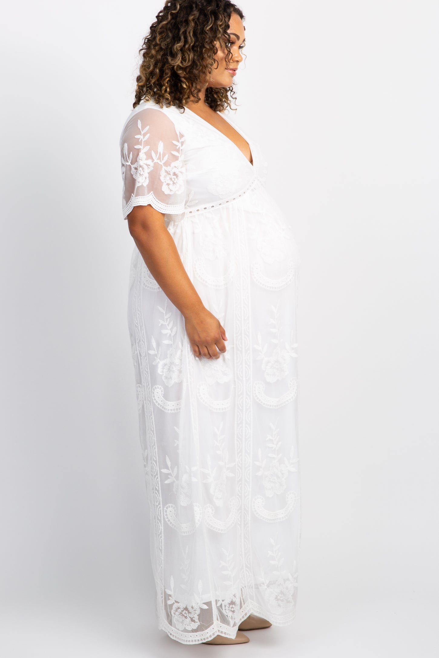 PinkBlush White Lace Mesh Overlay Plus Maternity Maxi Dress PinkBlush White Lace Mesh Overlay Plus Maternity Maxi Dress