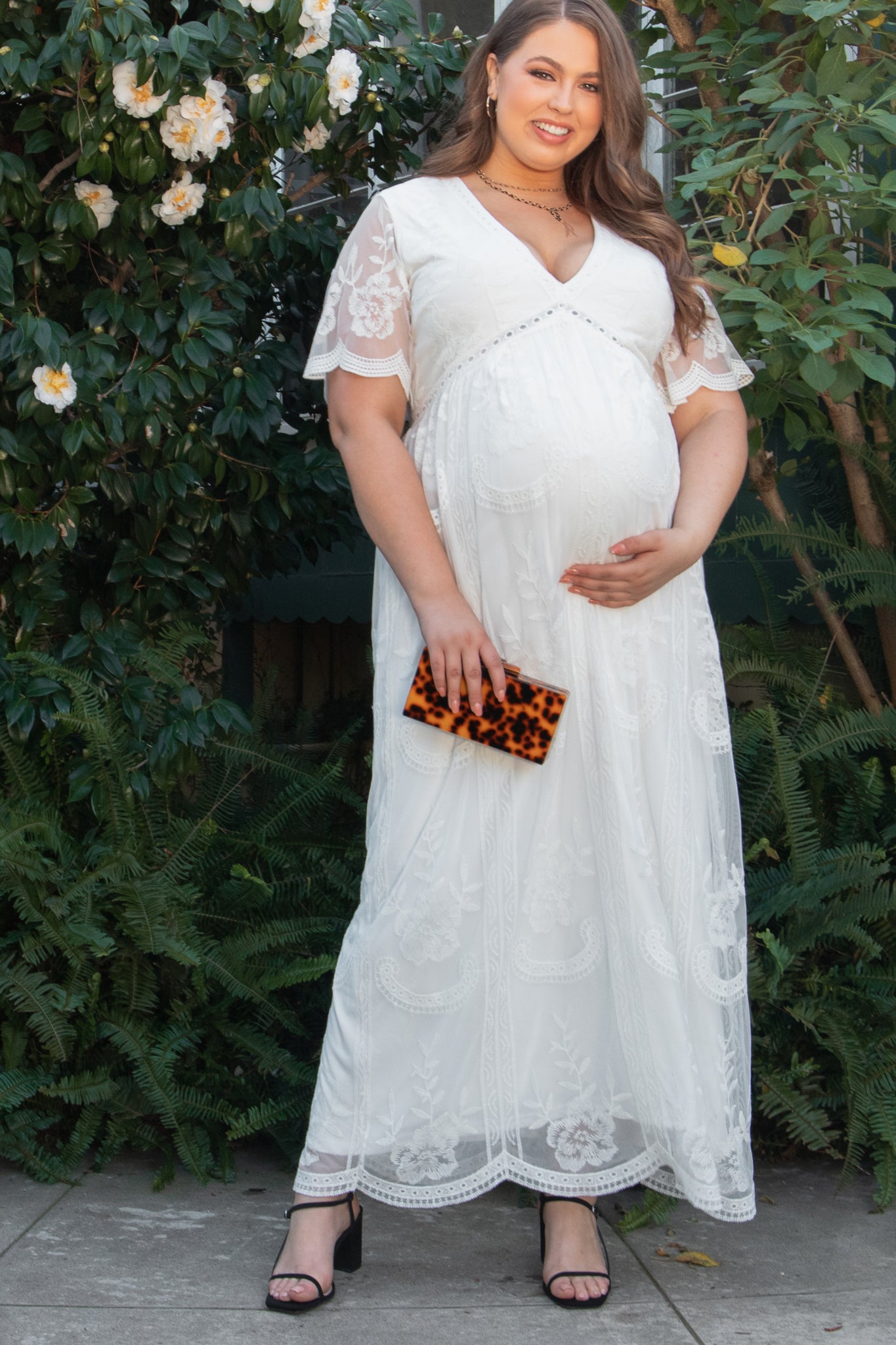 PinkBlush White Lace Mesh Overlay Plus Maternity Maxi Dress