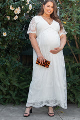 PinkBlush White Lace Mesh Overlay Plus Maternity Maxi Dress
