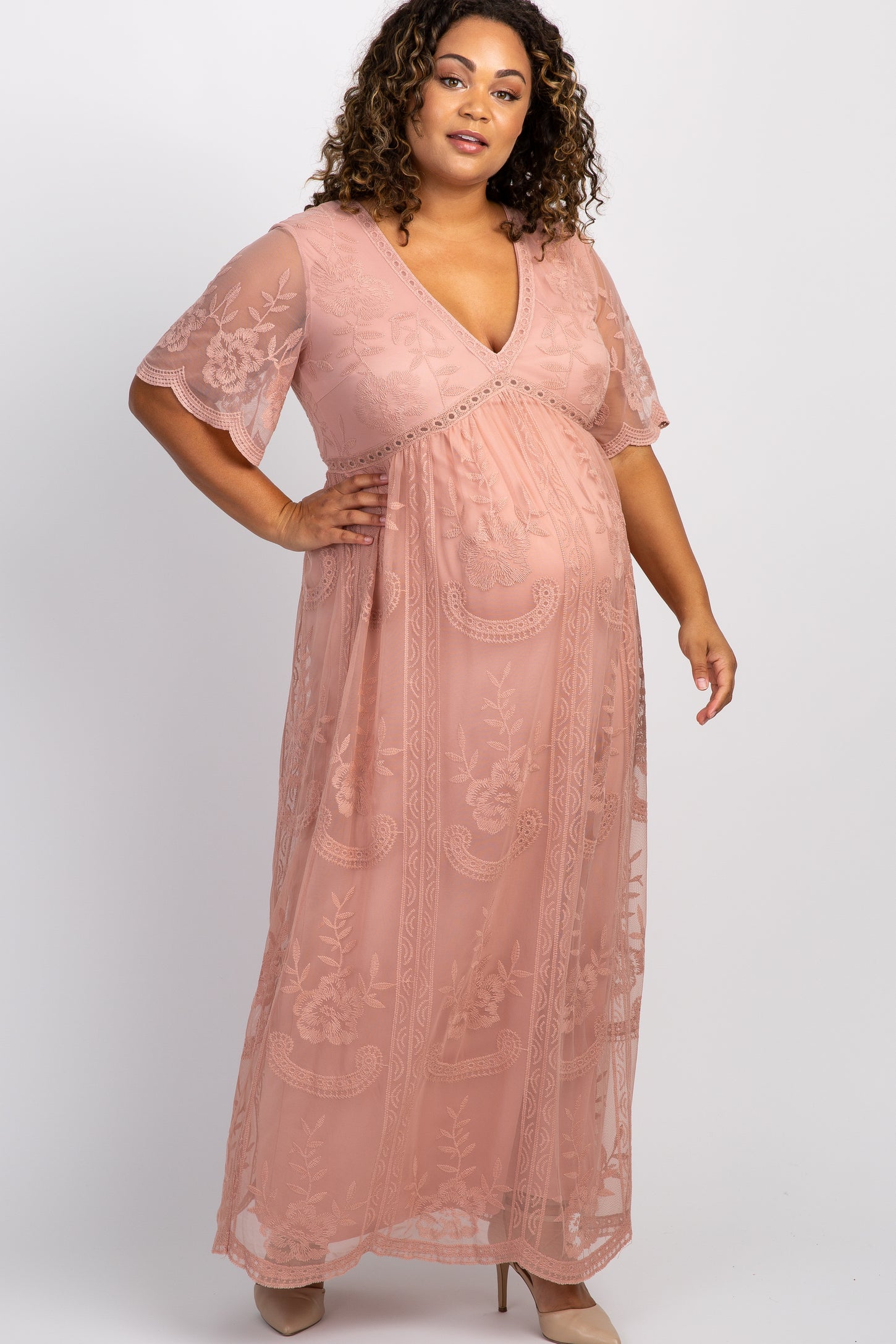 PinkBlush Light Pink Lace Mesh Overlay Plus Maternity Maxi Dress PinkBlush Light Pink Lace Mesh Overlay Plus Maternity Maxi Dress