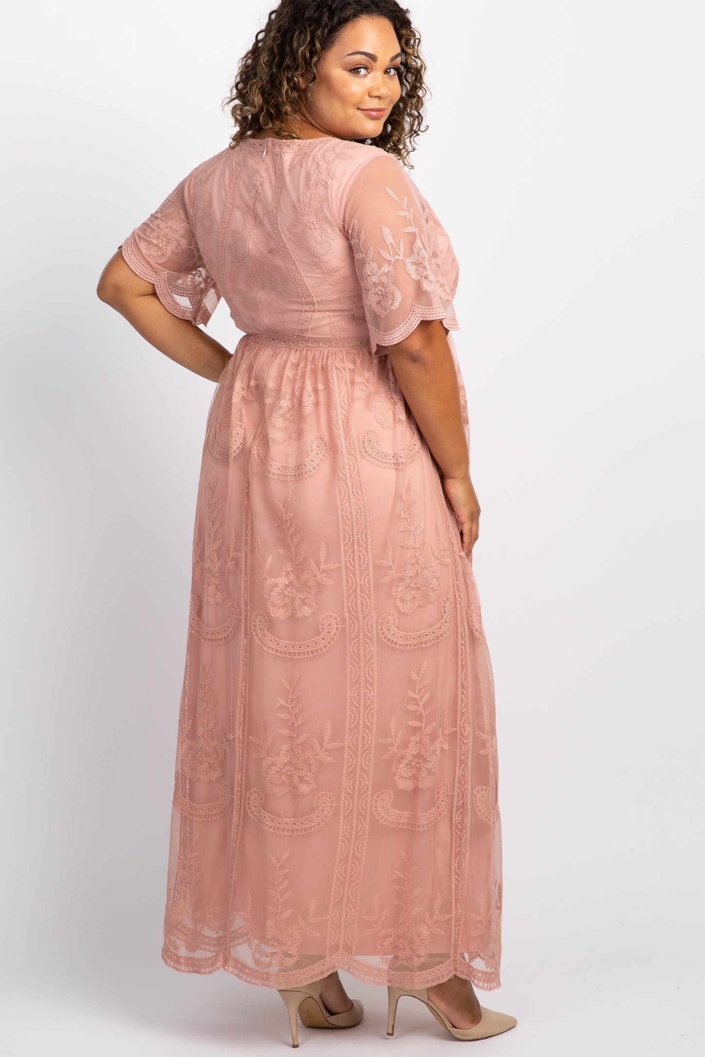 PinkBlush Light Pink Lace Mesh Overlay Plus Maternity Maxi Dress PinkBlush Light Pink Lace Mesh Overlay Plus Maternity Maxi Dress