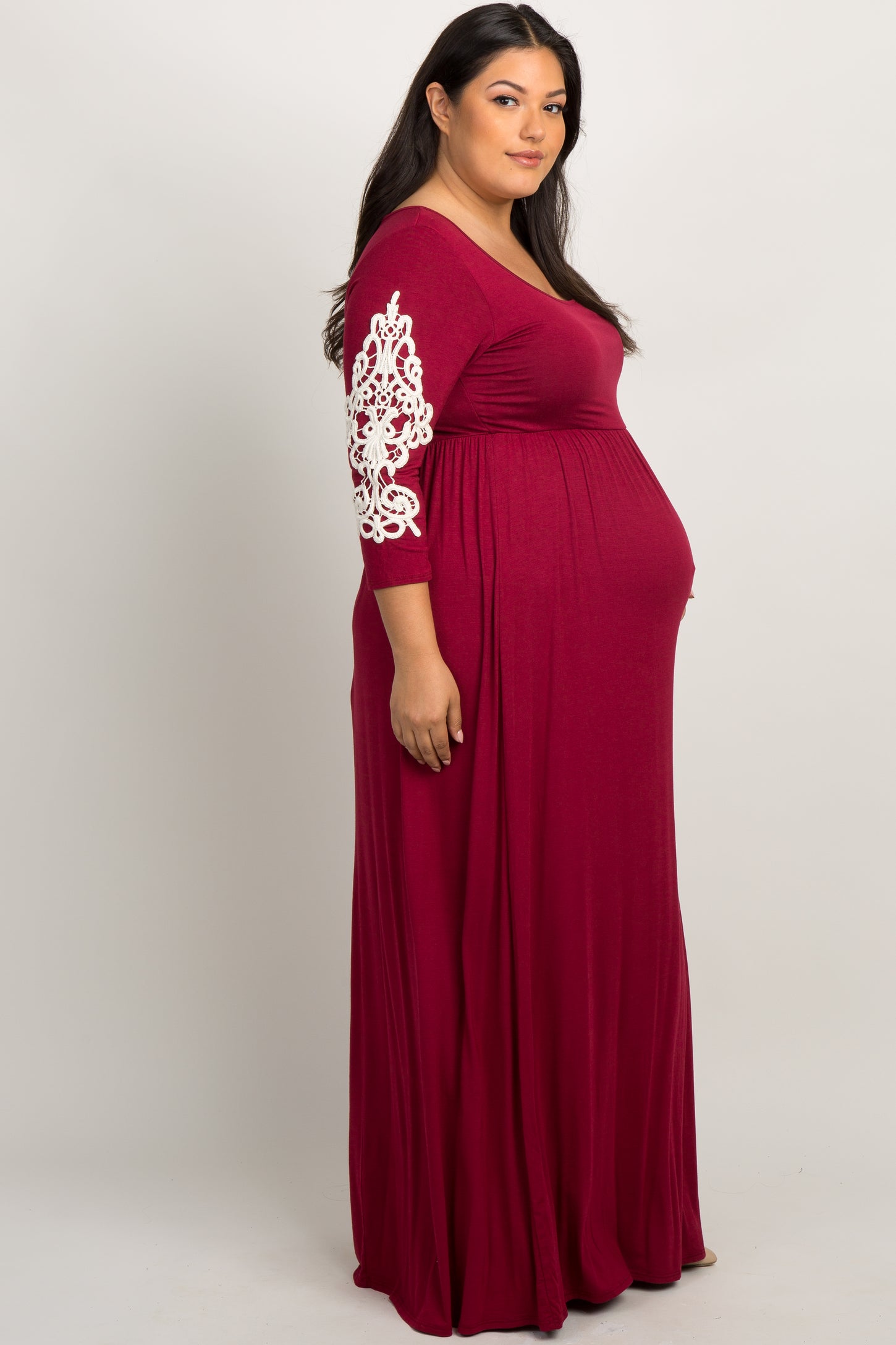 burgundy crochet maxi dress Burgundy Swiss Dot Crochet Lace Accent Maternity Maxi Dress