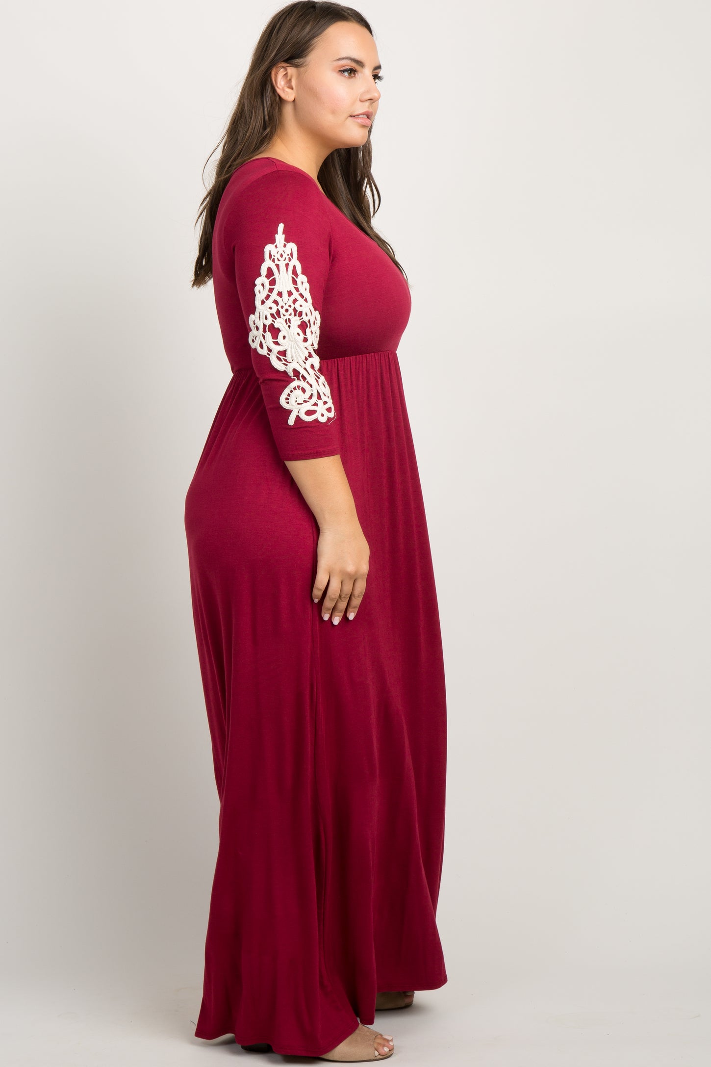 Burgundy Crochet Sleeve Plus Maxi Dress PinkBlush Burgundy Crochet Sleeve Plus Maxi Dress PinkBlush