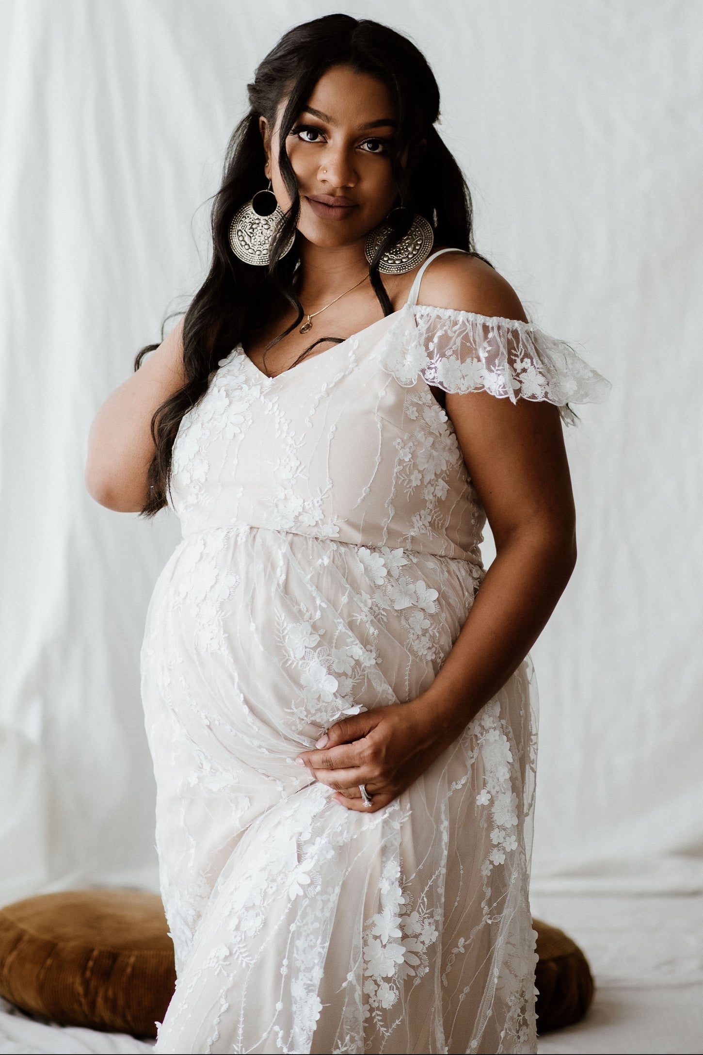 Ivory Floral Embroidered Mesh Maternity Evening Gown PinkBlush Ivory Floral Embroidered Mesh Maternity Evening Gown PinkBlush