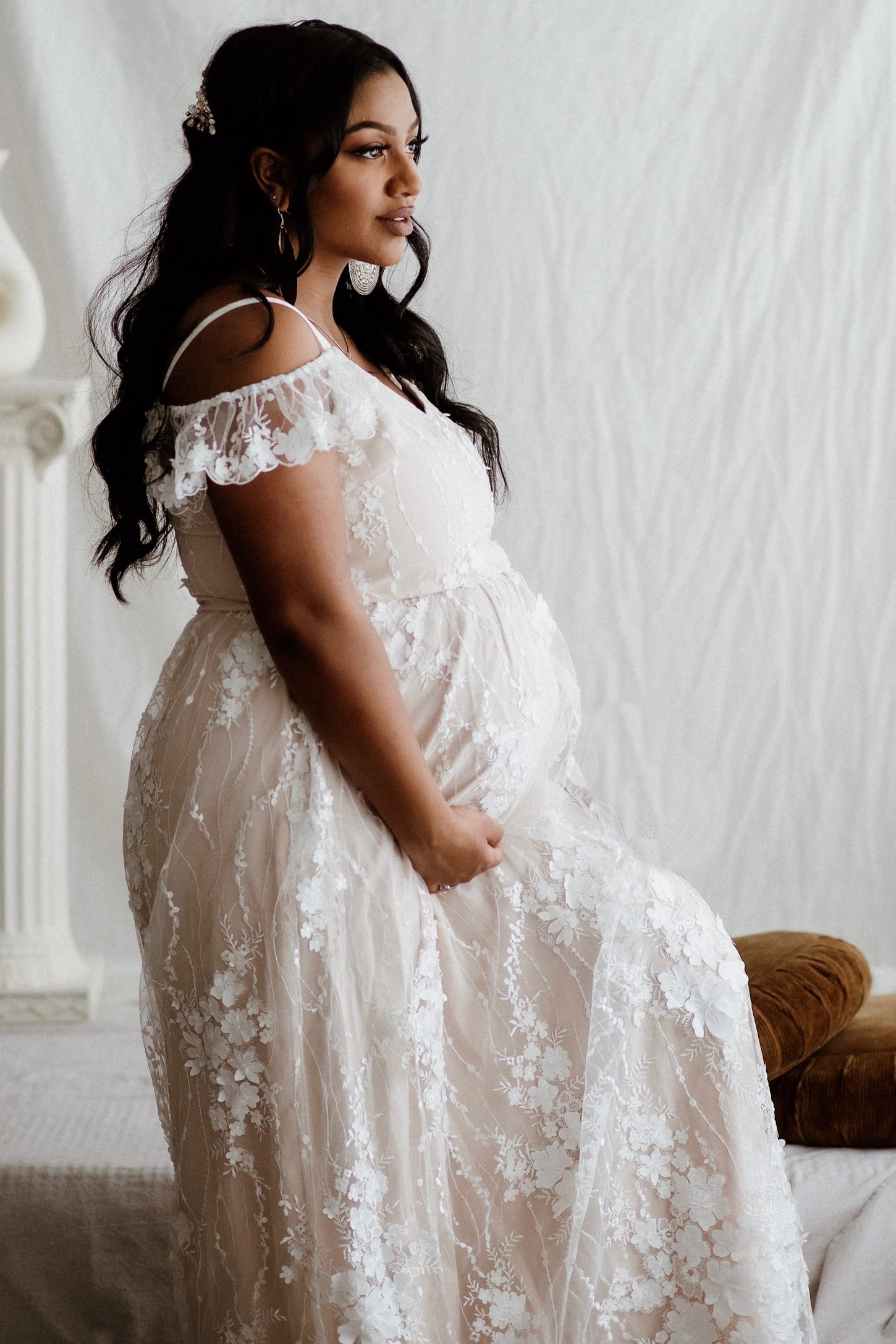 Ivory Floral Embroidered Mesh Maternity Evening Gown PinkBlush Ivory Floral Embroidered Mesh Maternity Evening Gown PinkBlush