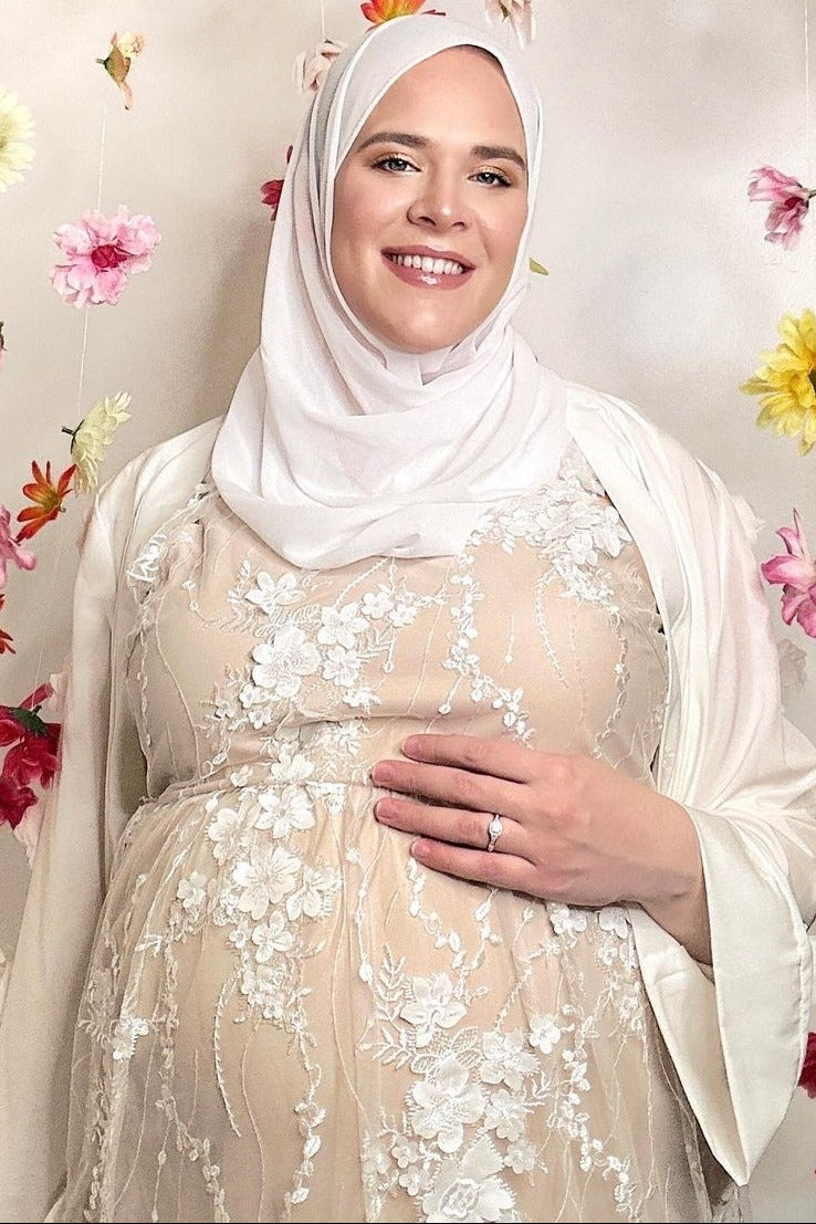 Ivory Floral Embroidered Mesh Maternity Evening Gown PinkBlush Ivory Floral Embroidered Mesh Maternity Evening Gown PinkBlush