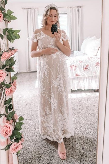 Ivory Floral Embroidered Mesh Maternity Evening Gown PinkBlush Ivory Floral Embroidered Mesh Maternity Evening Gown PinkBlush