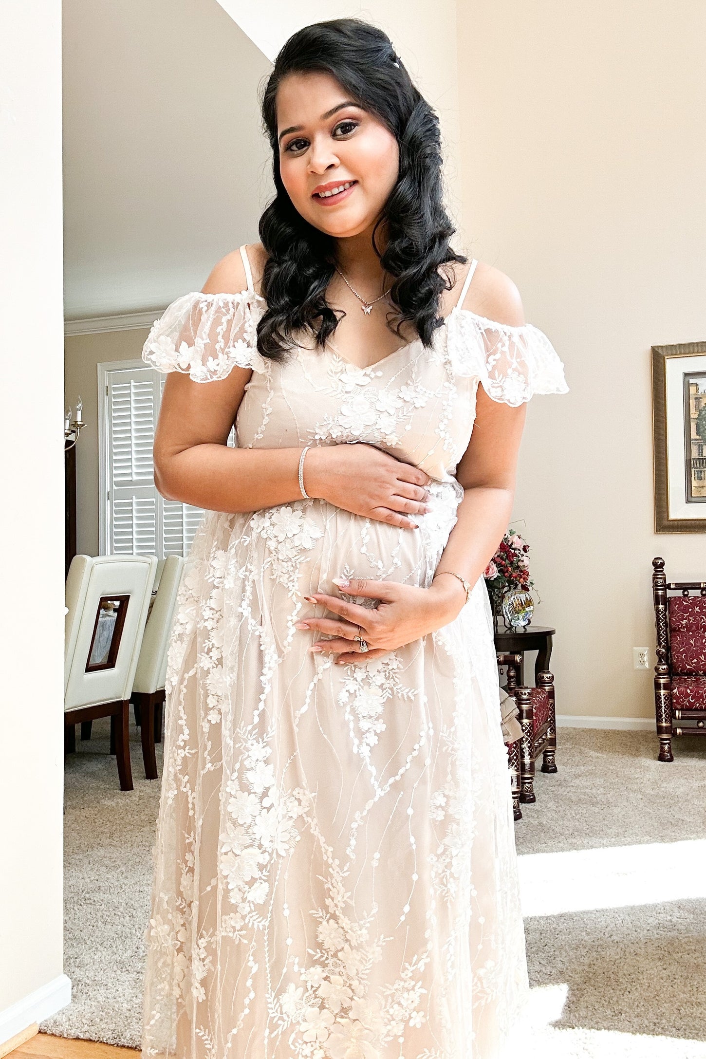 Ivory Floral Embroidered Mesh Maternity Evening Gown PinkBlush Ivory Floral Embroidered Mesh Maternity Evening Gown PinkBlush
