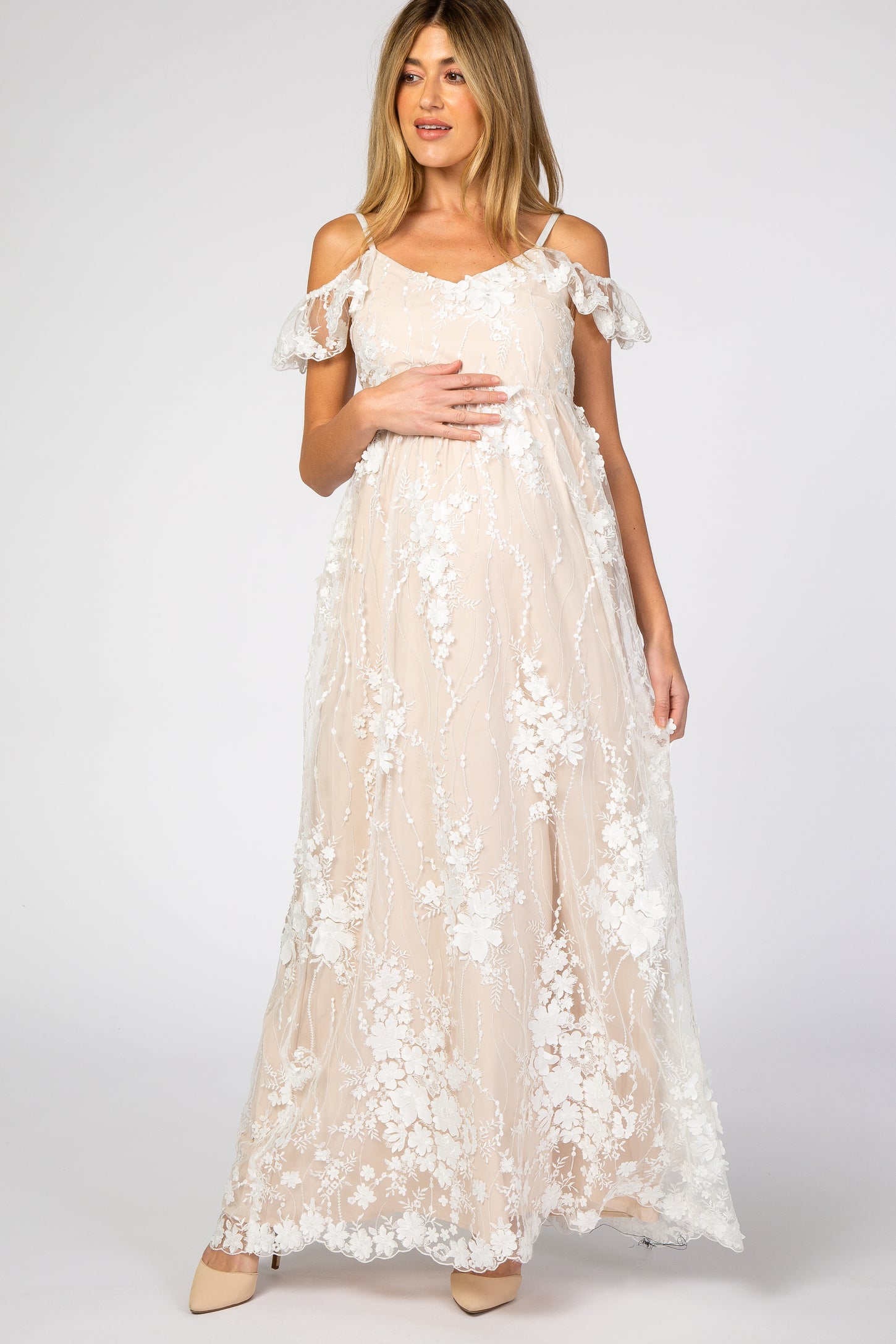 Ivory Floral Embroidered Mesh Maternity Evening Gown PinkBlush Ivory Floral Embroidered Mesh Maternity Evening Gown PinkBlush