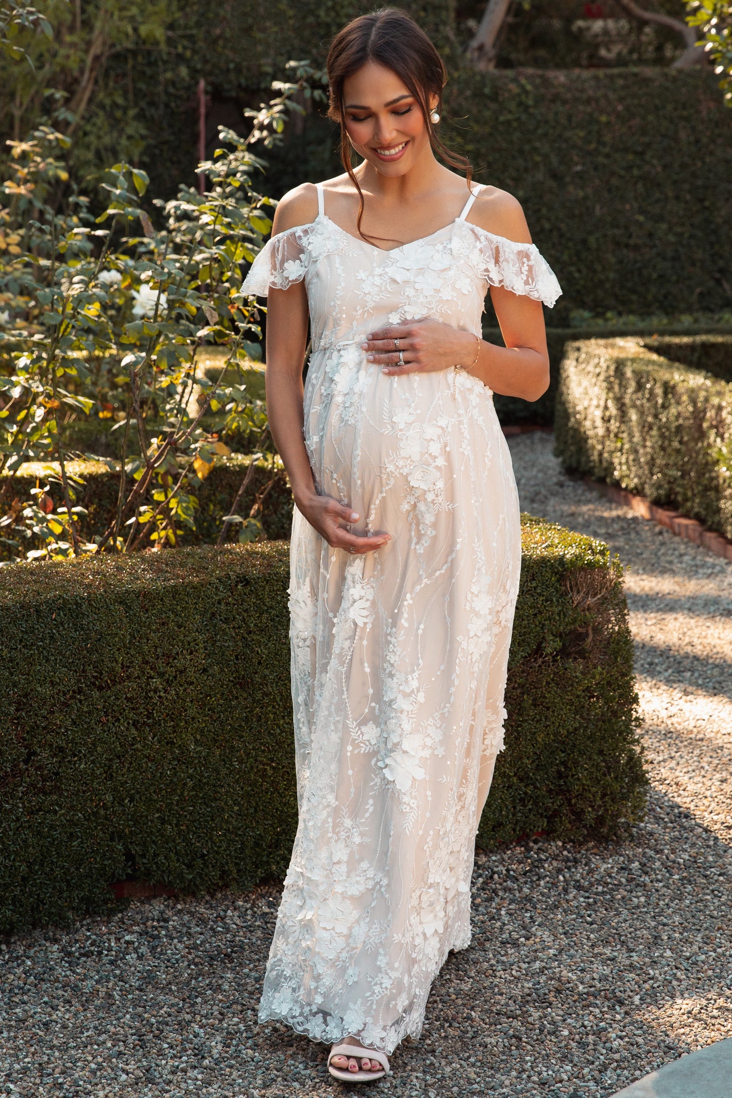 Ivory Floral Embroidered Mesh Maternity Evening Gown PinkBlush Ivory Floral Embroidered Mesh Maternity Evening Gown PinkBlush