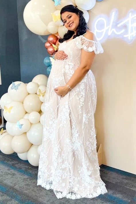 Ivory Floral Embroidered Mesh Maternity Evening Gown PinkBlush Ivory Floral Embroidered Mesh Maternity Evening Gown PinkBlush
