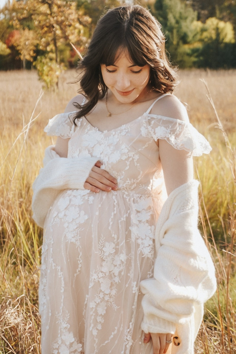 Ivory Floral Embroidered Mesh Maternity Evening Gown PinkBlush Ivory Floral Embroidered Mesh Maternity Evening Gown PinkBlush