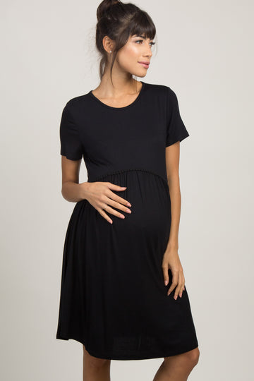 PinkBlush Black Solid Crochet Trim Maternity Shift Dress