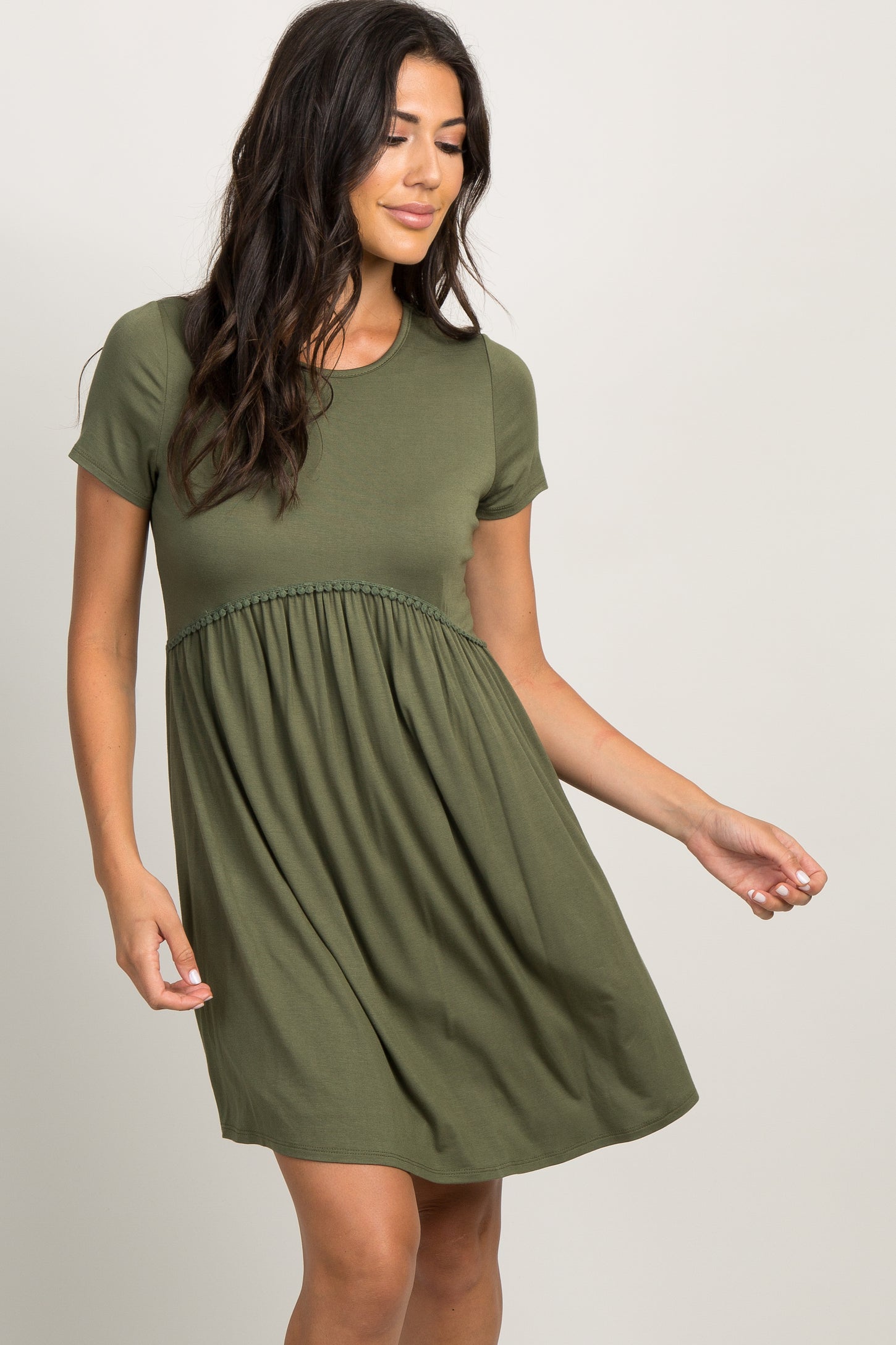 PinkBlush Olive Solid Crochet Trim Maternity Shift Dress PinkBlush Olive Solid Crochet Trim Maternity Shift Dress