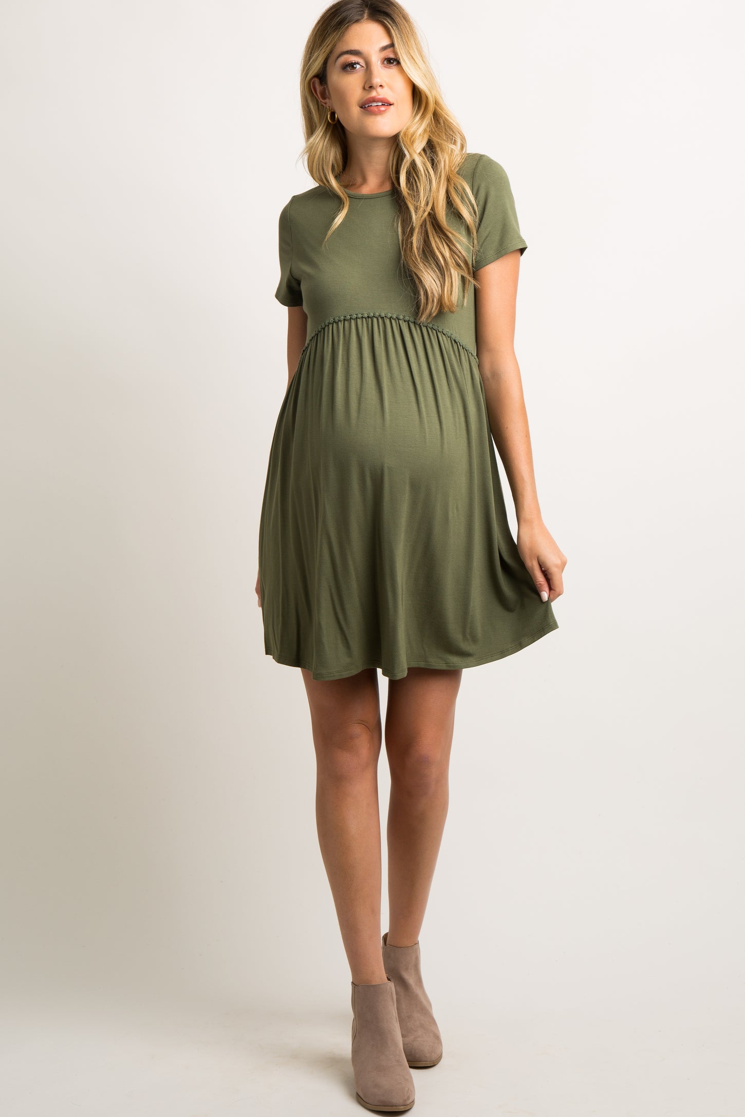 PinkBlush Olive Solid Crochet Trim Maternity Shift Dress PinkBlush Olive Solid Crochet Trim Maternity Shift Dress