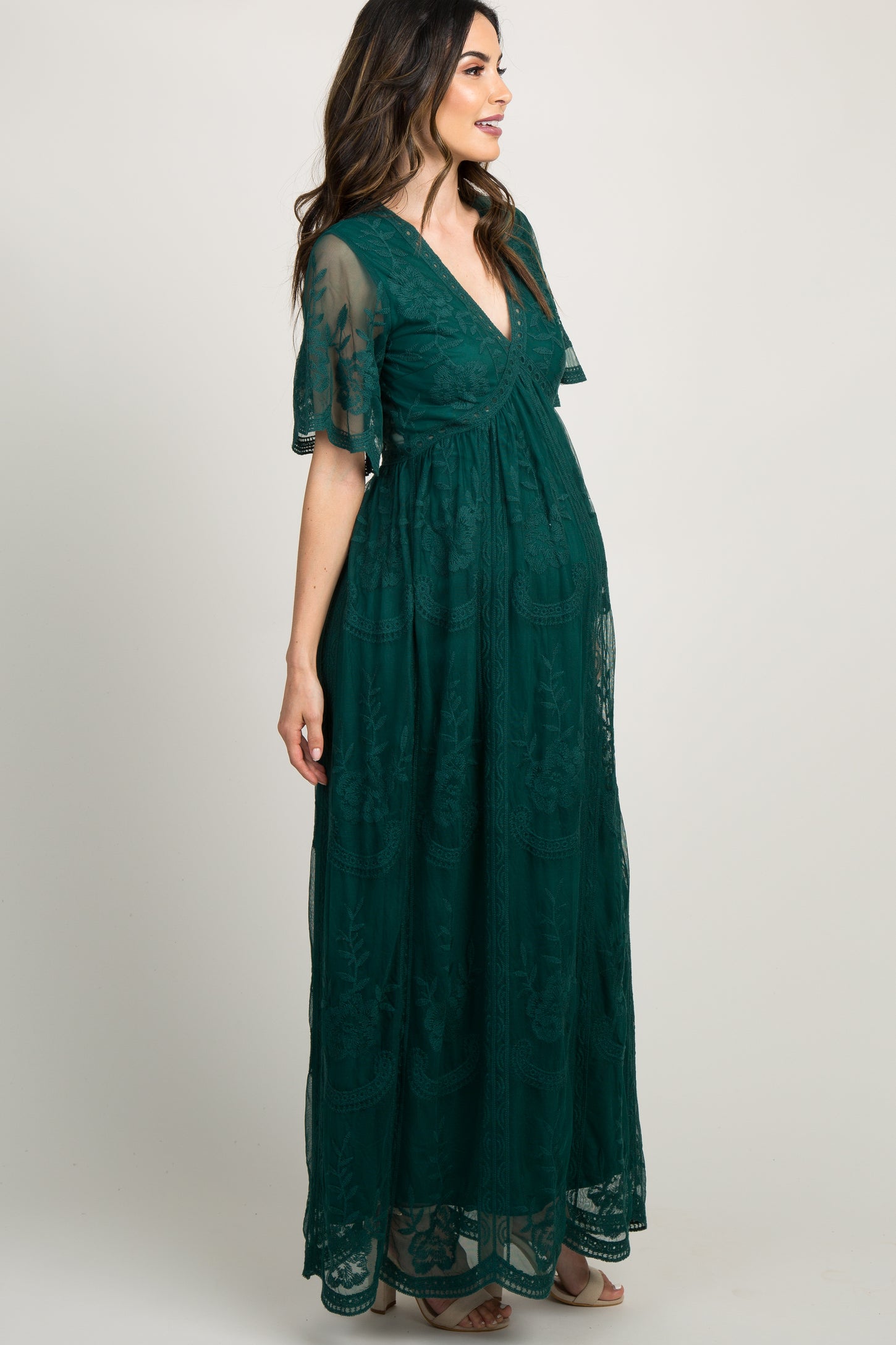 Forest Green Lace Mesh Overlay Maternity Maxi Dress PinkBlush Forest Green Lace Mesh Overlay Maternity Maxi Dress PinkBlush