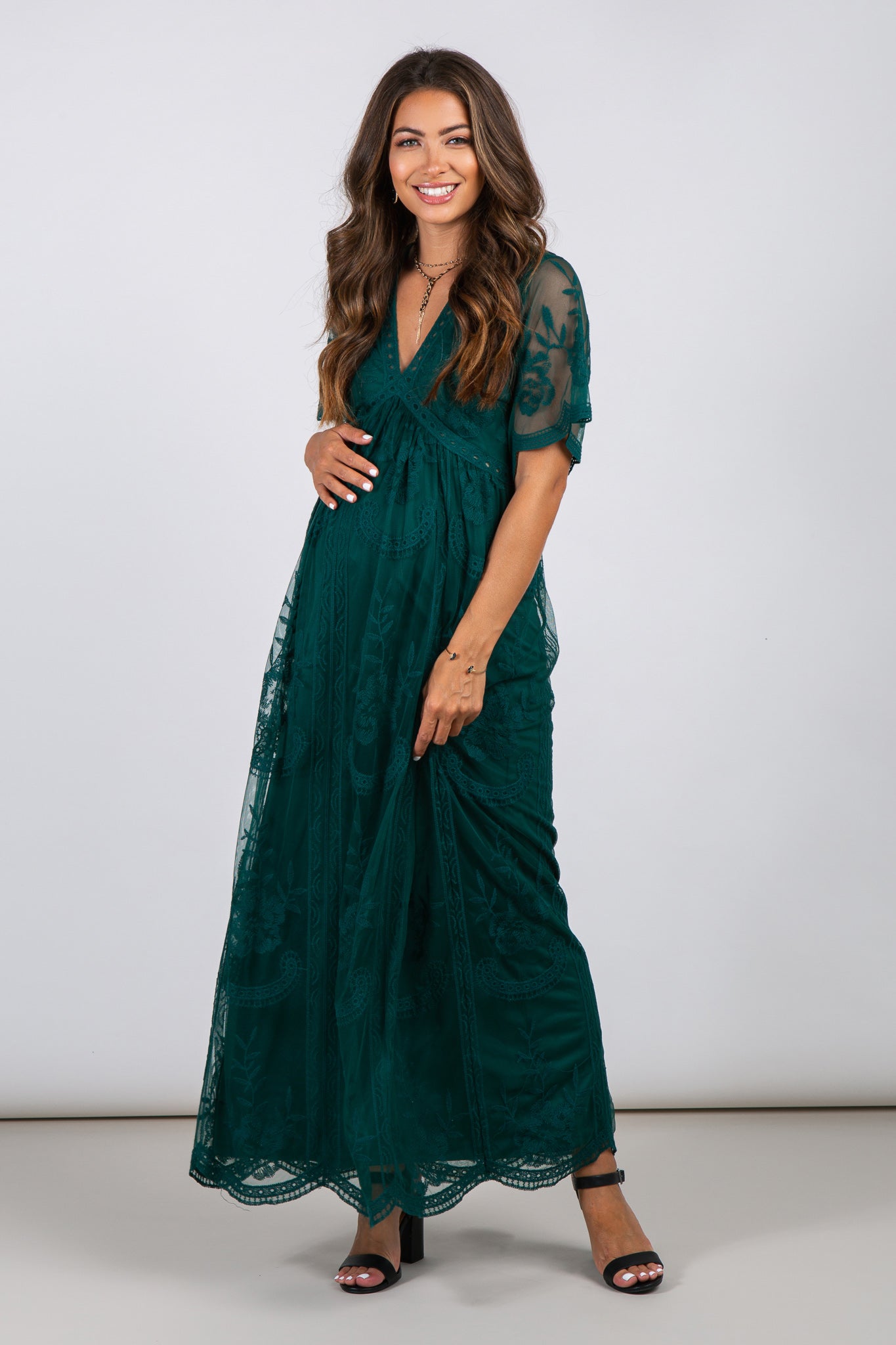 slim fit dress slacks Forest Green Lace Mesh Overlay Maternity Maxi Dress