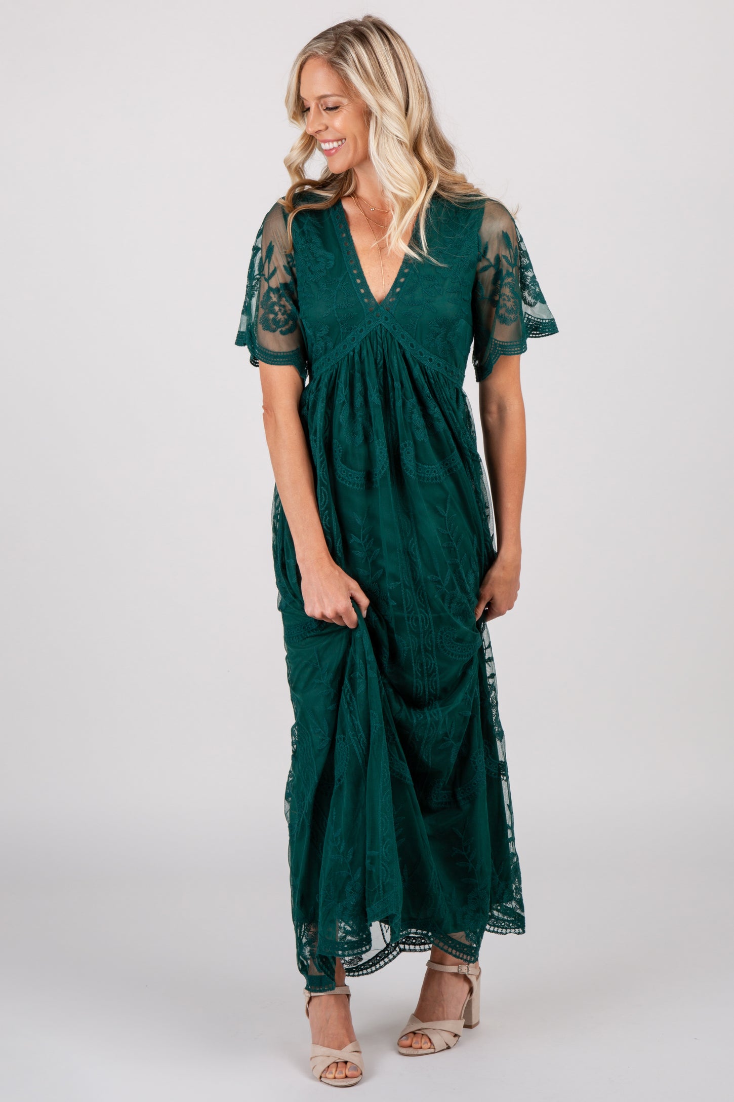 Forest Green Lace Mesh Overlay Maxi Dress Forest Green Lace Mesh Overlay Maxi Dress
