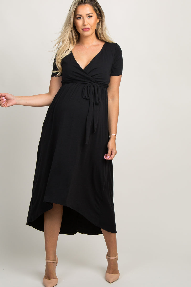 Black Solid Hi-Low Wrap Dress Small - PinkBlush