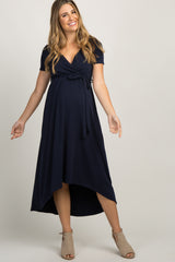 PinkBlush Navy Blue Solid Hi-Low Maternity Wrap Dress