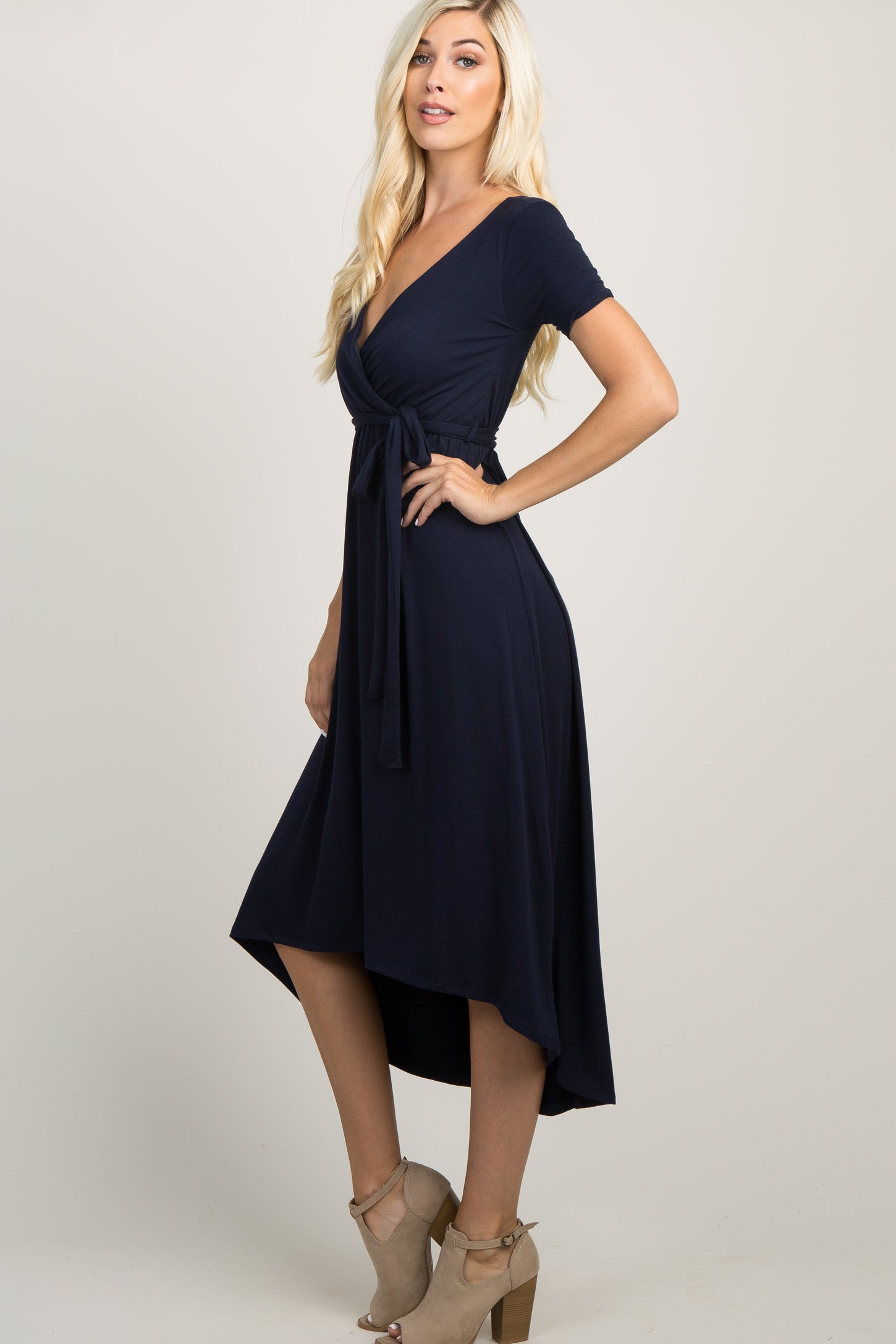 PinkBlush Navy Blue Solid Hi-Low Maternity Wrap Dress