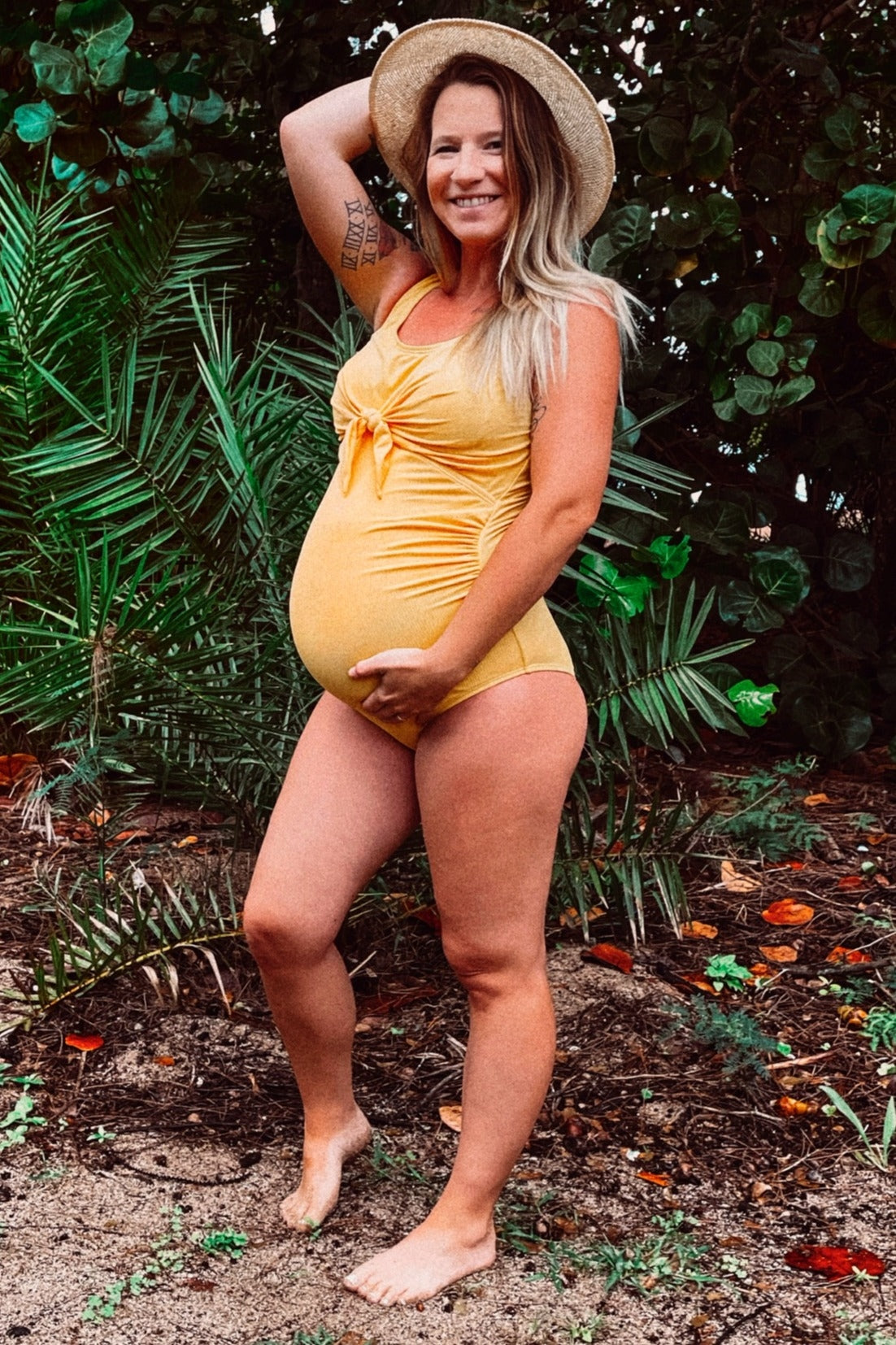 Yellow Ribbed Front Knot One-Piece Maternity Swimsuit Yellow Ribbed Front Knot One-Piece Maternity Swimsuit