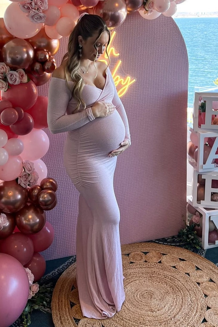 blue dress for baby girl Pink Off Shoulder Waist Tie Maternity Maxi Dress main image 1