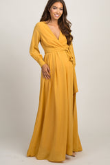 Yellow Chiffon Long Sleeve Pleated Maternity Maxi Dress