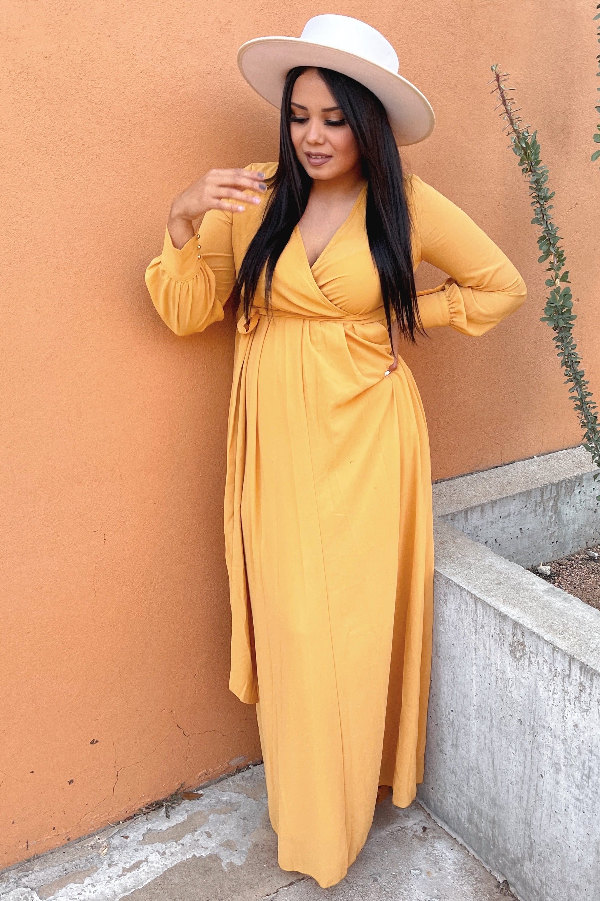 Yellow Chiffon Long Sleeve Pleated Maxi Dress