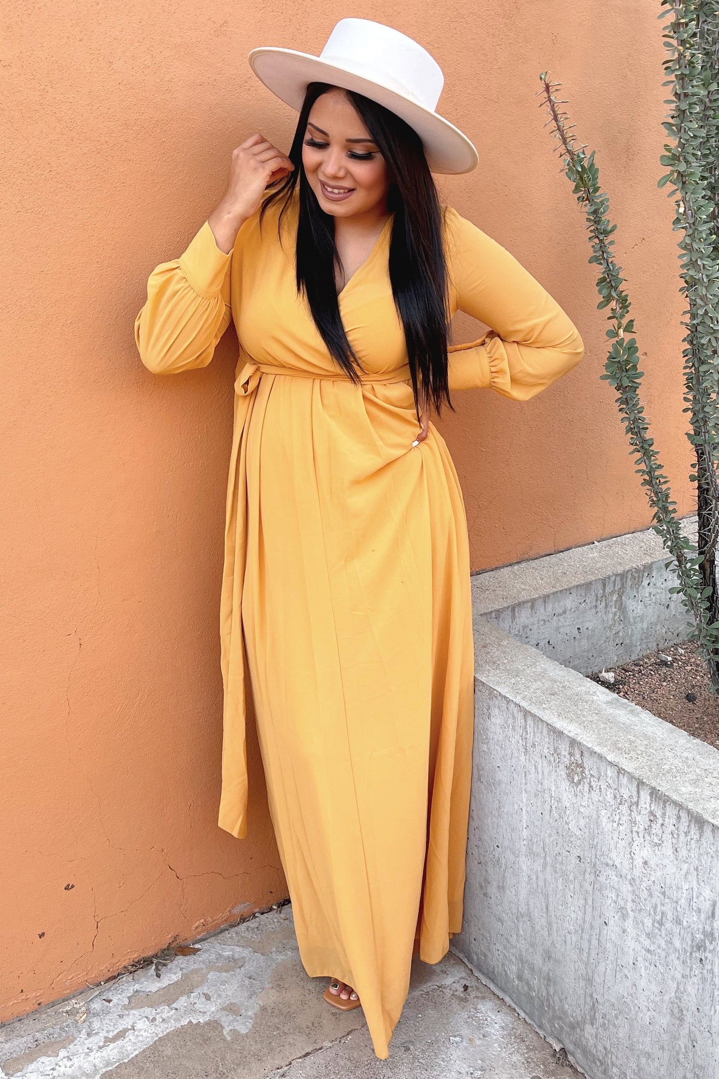 Yellow Chiffon Long Sleeve Pleated Maxi Dress PinkBlush Yellow Chiffon Long Sleeve Pleated Maxi Dress PinkBlush