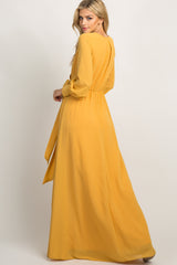 Yellow Chiffon Long Sleeve Pleated Maxi Dress